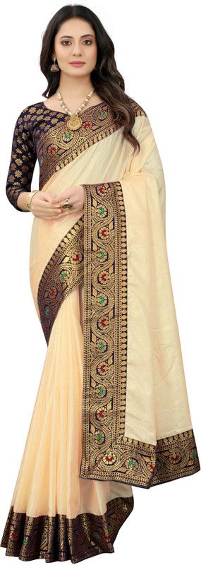 Self Design Dharmavaram Silk Blend Saree  (Beige)