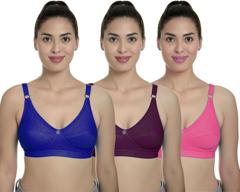 PIBU Bra Women Full Coverage Non Padded Bra  (Blue, Maroon, Orange)