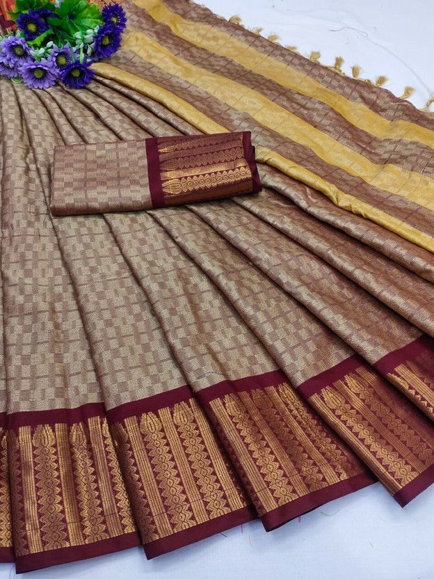 Color Block, Woven Bollywood Cotton Silk Saree  (Beige)