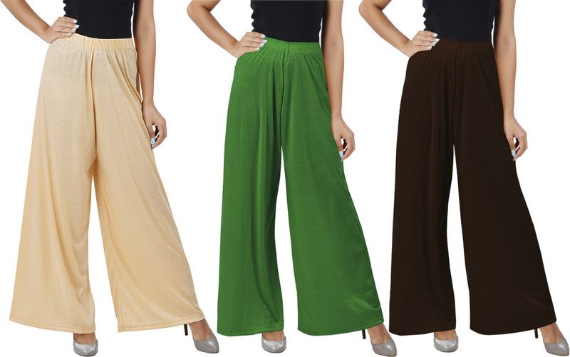 Pack of 3 Women Flared Beige, Green, Brown Cotton Blend Trousers