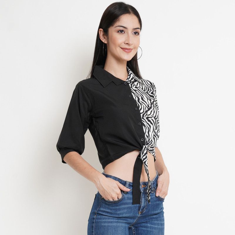 Party Full Sleeve Printed Women Black, White Top