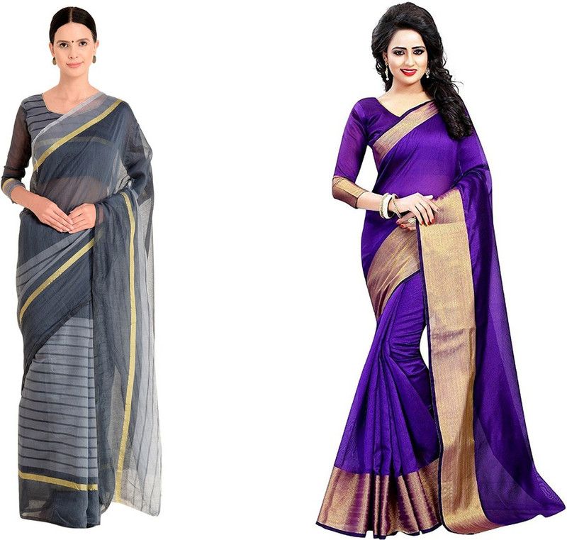 Geometric Print Daily Wear Cotton Silk Saree  (Pack of 2, Light Blue)