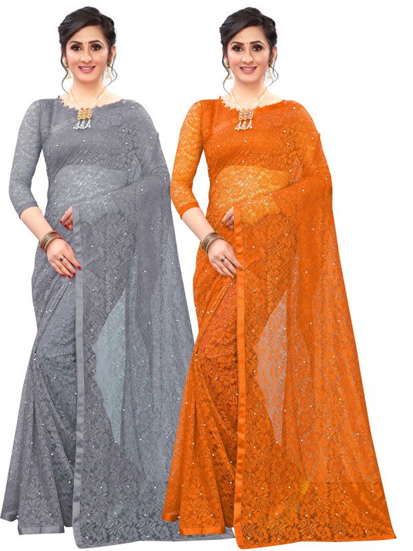 Embellished Bollywood Net Saree  (Pack of 2, Orange, Grey)