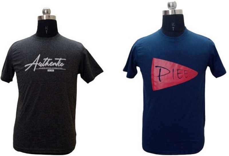 Pack of 2 Men Self Design Round Neck Cotton Blend Dark Blue, Grey T-Shirt