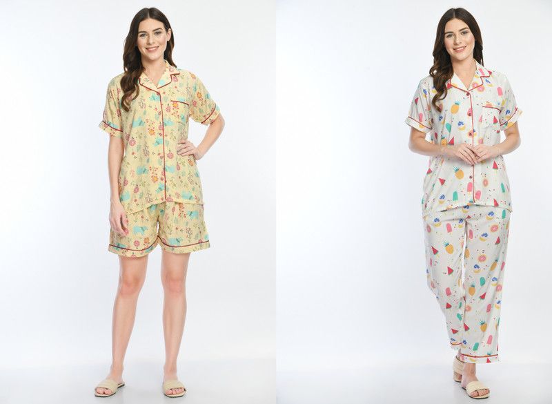 Women Night Suit Set Beige, White Printed