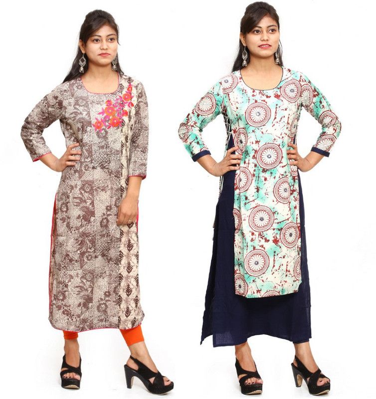 Pack of 2 Women Printed Cotton Rayon Straight Kurta  (White, Brown, Blue)