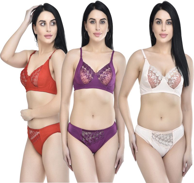 Bra & Panty Set Embroidered White, Red, Purple Lingerie Set