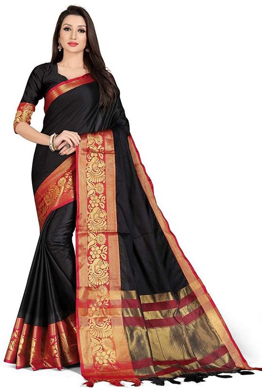 Woven Kalamkari Cotton Silk Saree  (Black)