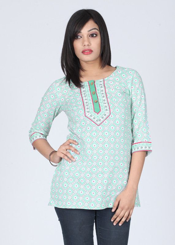 Women Printed Cotton Blend Straight Kurta  (Green, White)