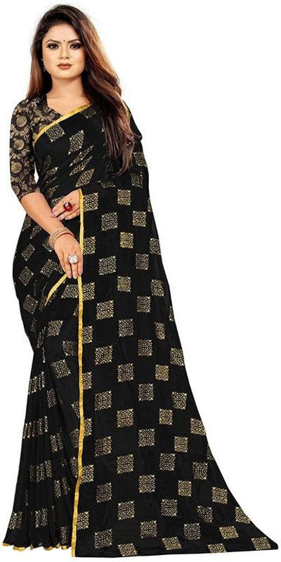 Checkered Daily Wear Chiffon Saree  (Black)
