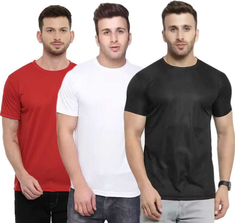 Pack of 3 Men Sporty Round Neck Polyester White, Black, Navy Blue T-Shirt