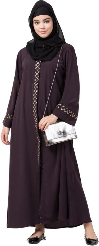 Qaynat Fashion Front open with Beautiful Embroidery Crepe Georgette Solid Abaya With Hijab  (Brown)