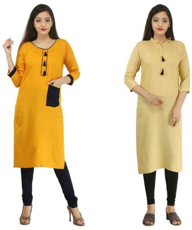Pack of 2 Women Solid Cotton Rayon Asymmetric Kurta  (Beige, Yellow)