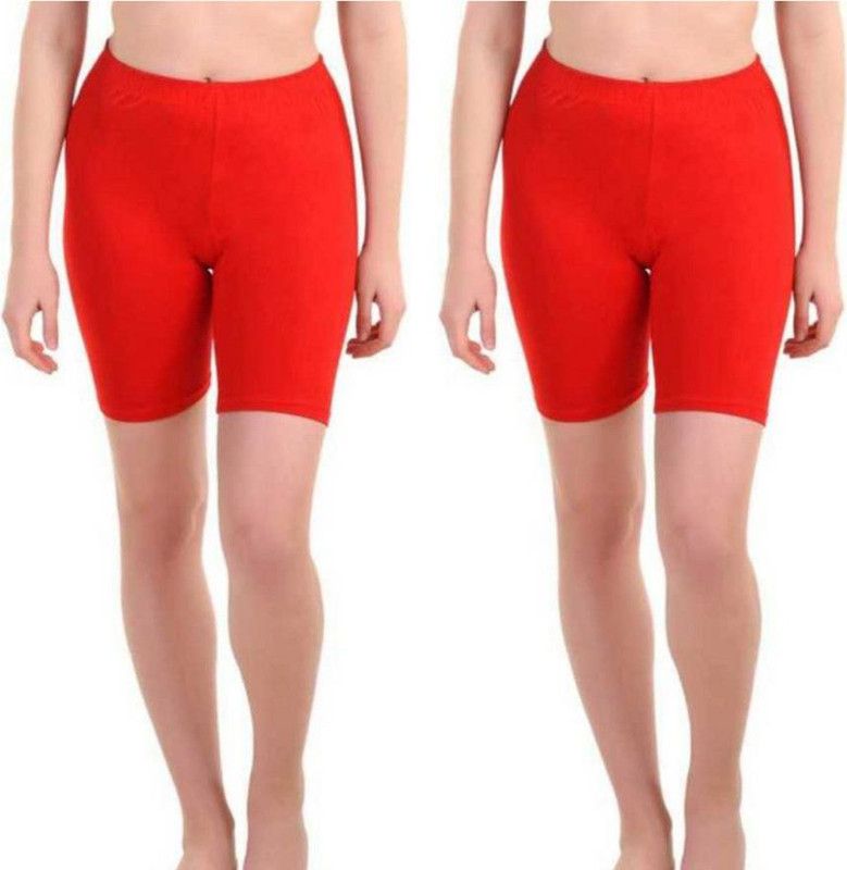 Pack of 2 Solid Women Red, Red Cycling Shorts, Compression Shorts