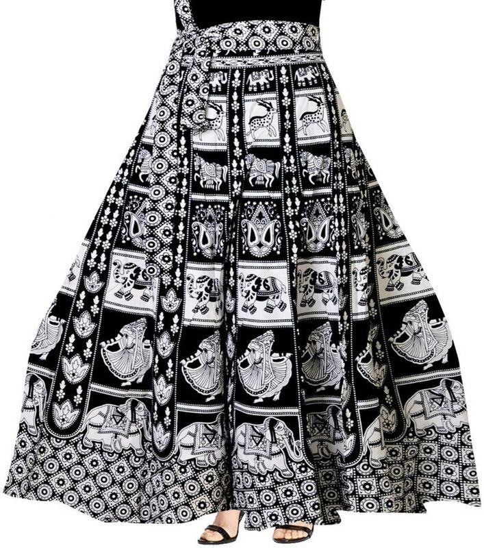 Women Printed Wrap Around Black, White Skirt