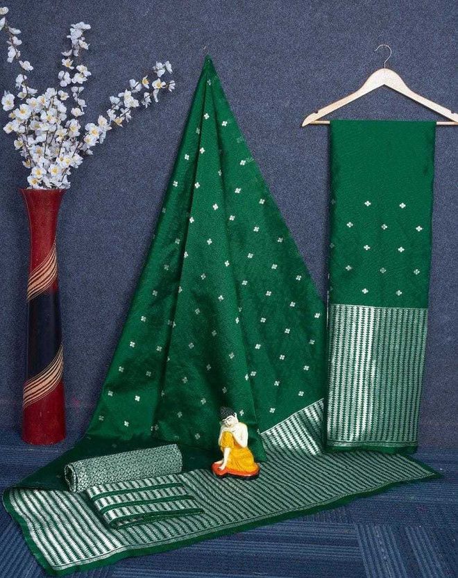 Self Design, Woven Mekhela Chador Pure Silk, Cotton Silk Saree  (Dark Green)