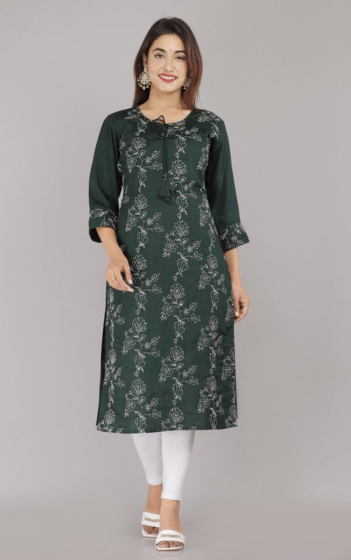 Women Printed Viscose Rayon Straight Kurta  (Dark Green, White)