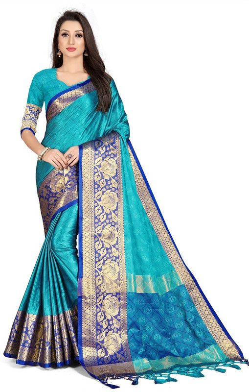 Woven Kanjivaram Jacquard, Pure Silk Saree  (Pack of 4, Light Blue)