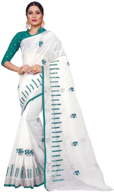 Embroidered Assam Silk Cotton Blend Saree  (White)