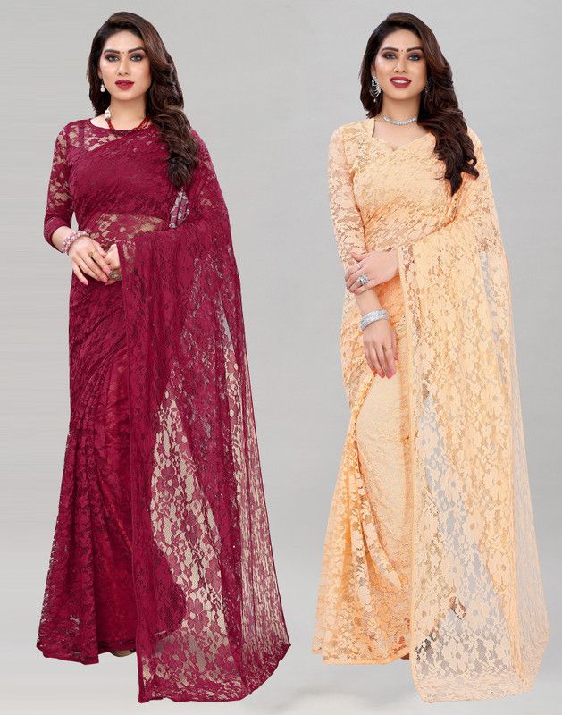Self Design Bollywood Net Saree  (Pack of 2, Maroon, Cream)