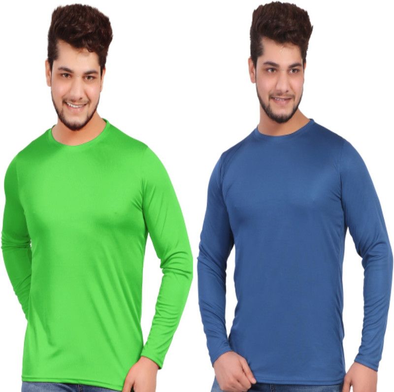 Pack of 2 Men Solid Round Neck Polyester Green, Dark Blue T-Shirt
