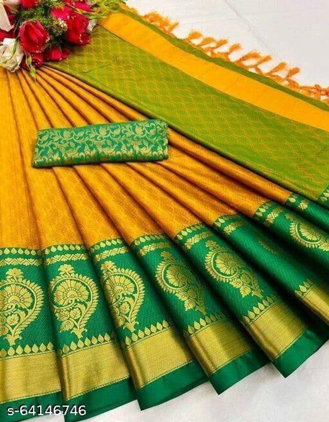 Self Design Kanjivaram Jacquard, Cotton Silk Saree  (Yellow)