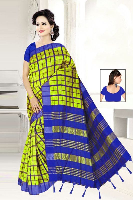 Checkered Chettinadu Cotton Blend Saree  (Green, Blue)