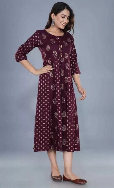 Women Floral Print Viscose Rayon Ethnic Dress  (Maroon)