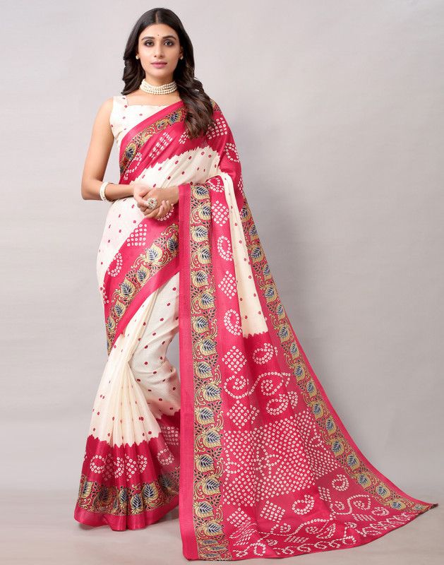 Printed, Geometric Print, Checkered, Floral Print Bandhani Cotton Silk Saree  (Red, Cream)