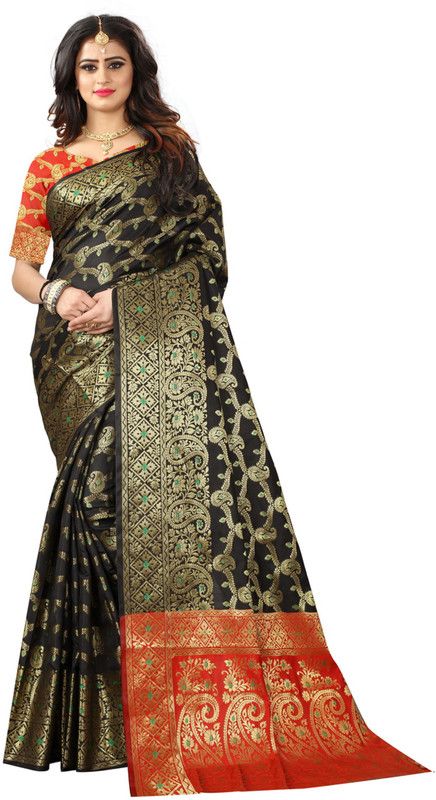 Self Design, Embellished Kanjivaram Silk Blend, Jacquard Saree  (Black, Orange)