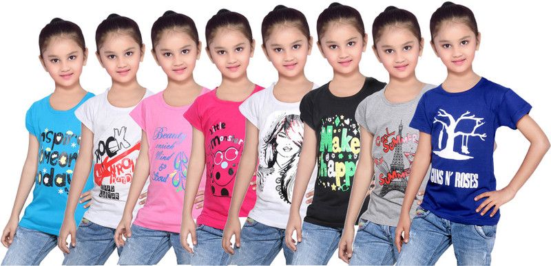 Girls Printed Cotton Blend T Shirt  (Blue, Pack of 8)