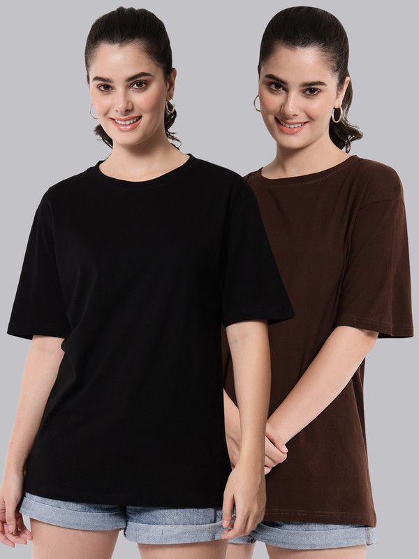 Pack of 2 Women Solid Round Neck Cotton Blend Brown, Black T-Shirt