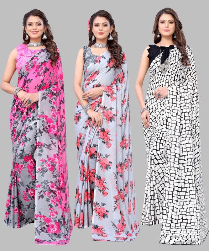Floral Print Daily Wear Georgette Saree  (Pack of 3, Pink, Black, Grey)