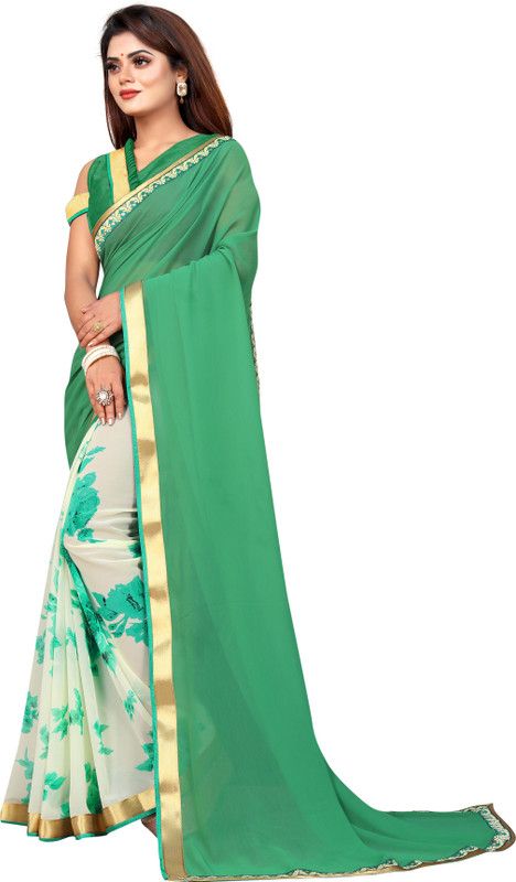 Paisley, Ombre, Geometric Print, Woven, Animal Print, Floral Print, Polka Print, Dyed, Checkered Bollywood Georgette Saree  (Green, Cream)