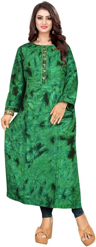 Women Printed Cotton Silk Ethnic Dress  (Green)