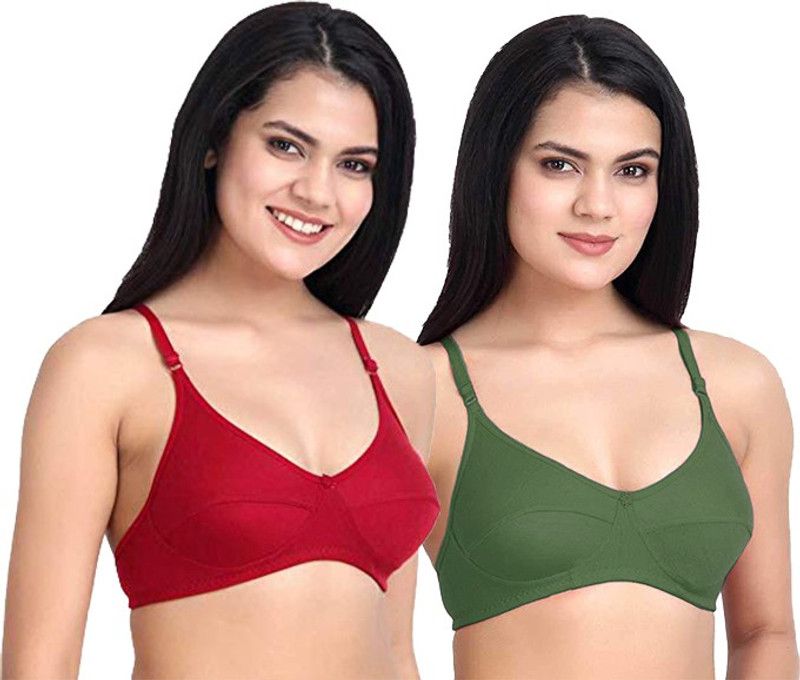 Pack of 2 Women Full Coverage Non Padded Bra  (Green, Red)