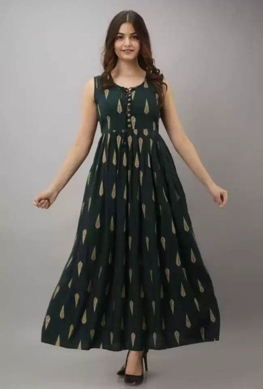 Printed Rayon Blend Stitched Flared/A-line Gown  (Green, Light Green)