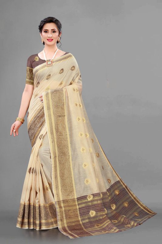 Woven Banarasi Jacquard, Cotton Silk Saree  (Silver, Gold, Brown, Cream)