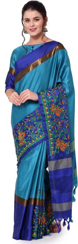 Embroidered Banarasi Cotton Silk Saree  (Light Blue, Blue)