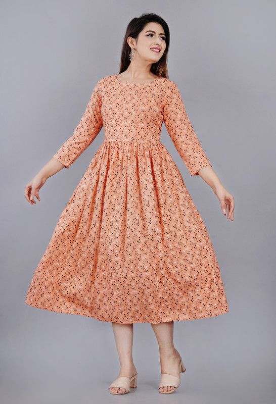 Women Printed Cotton Rayon Flared Kurta  (Orange, Black, White)