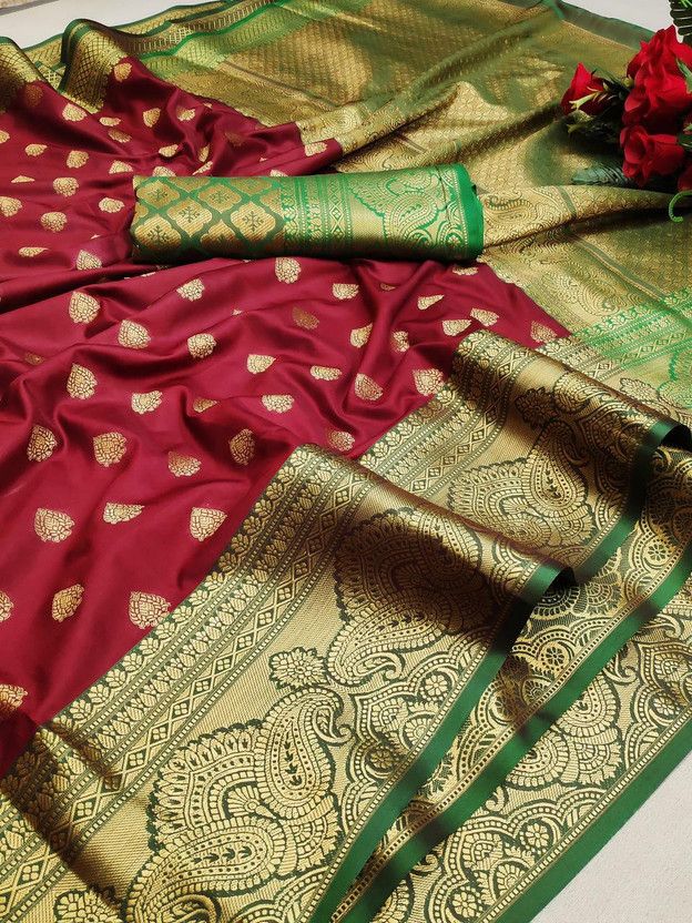 Self Design, Woven Banarasi Pure Silk Saree  (Maroon)
