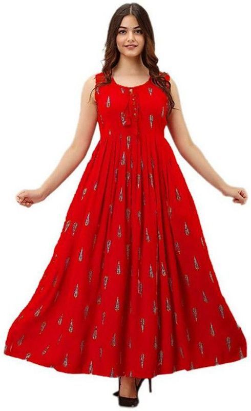 Printed Rayon Blend Stitched Flared/A-line Gown  (Red, Gold)
