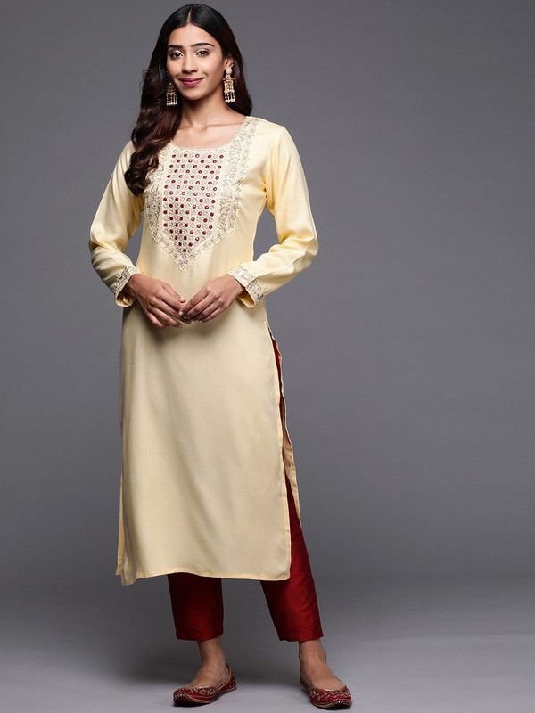 Women Embroidered Wool Straight Kurta  (Beige)