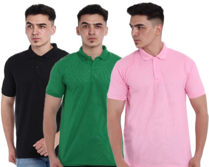 Solid Men Black, Green, Pink T-Shirt  (Pack of 3)