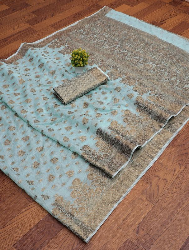 Self Design Banarasi Jacquard Saree  (Light Blue, Gold)