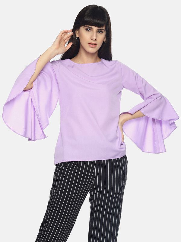 Casual Flared Sleeves Solid Women Purple Top