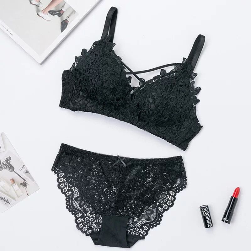 Bra & Panty Set Self Design Black Lingerie Set