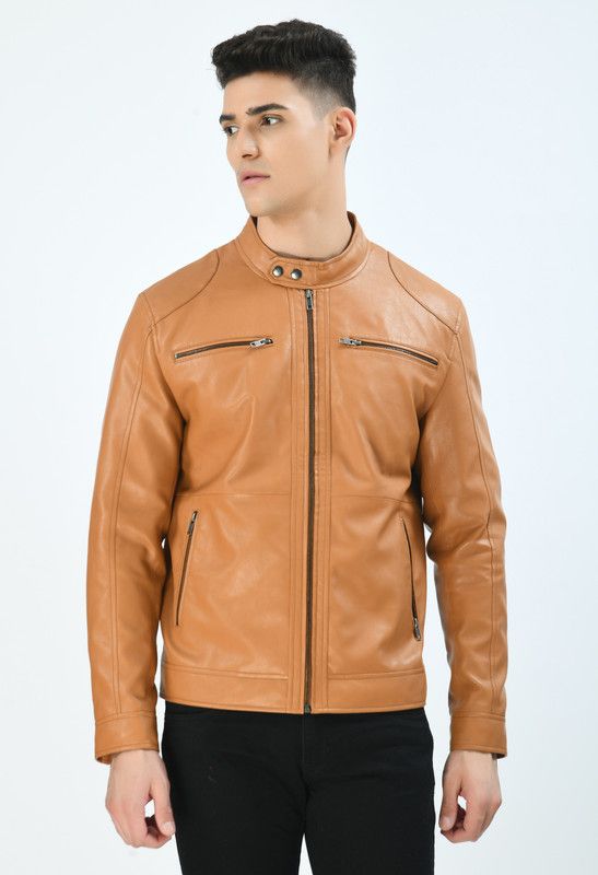 Men Solid Leather Jacket