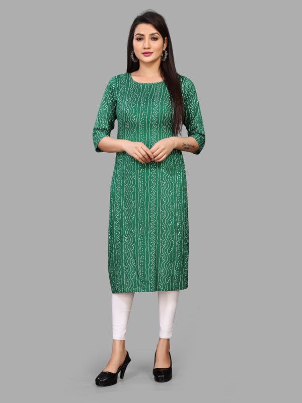 Women Bandhani Viscose Rayon Straight Kurta  (Green)