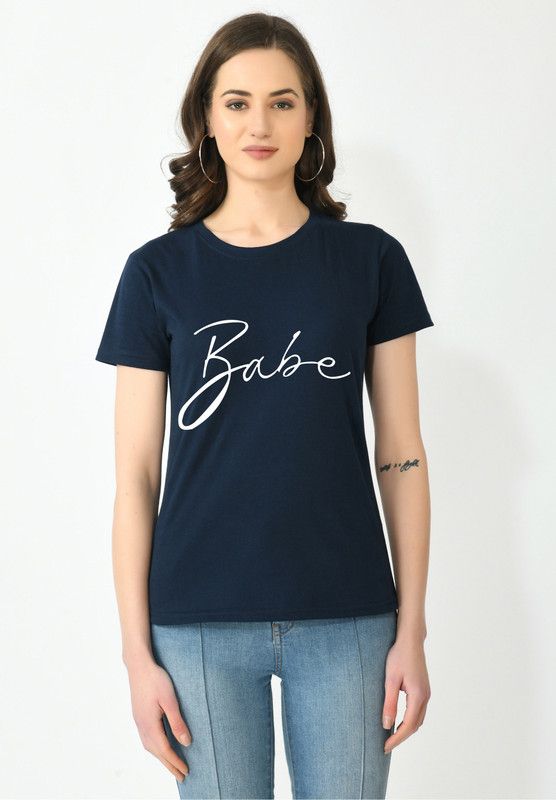 NA Women Printed Round Neck Cotton Blend Navy Blue T-Shirt